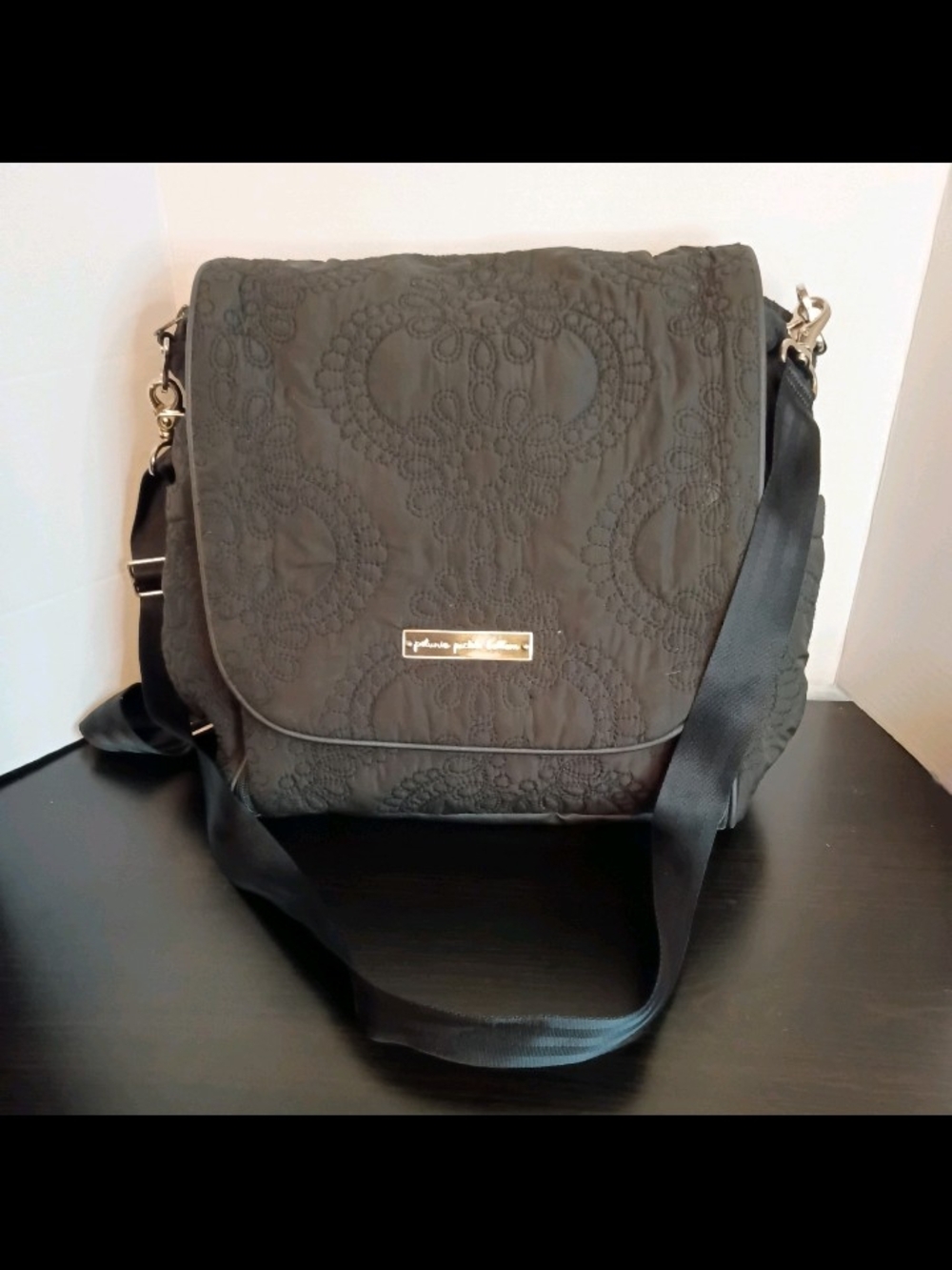 PETUNIA PICKLE BOTTOM Embossed Black Floral Boxy Backpack Diaper Bag Quilted
